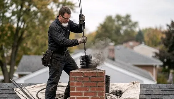 Chimney sweep on a Heritage Hills roof