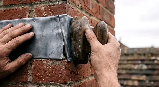 Flashing being sealed at a chimney on a steep RidgeGate roof